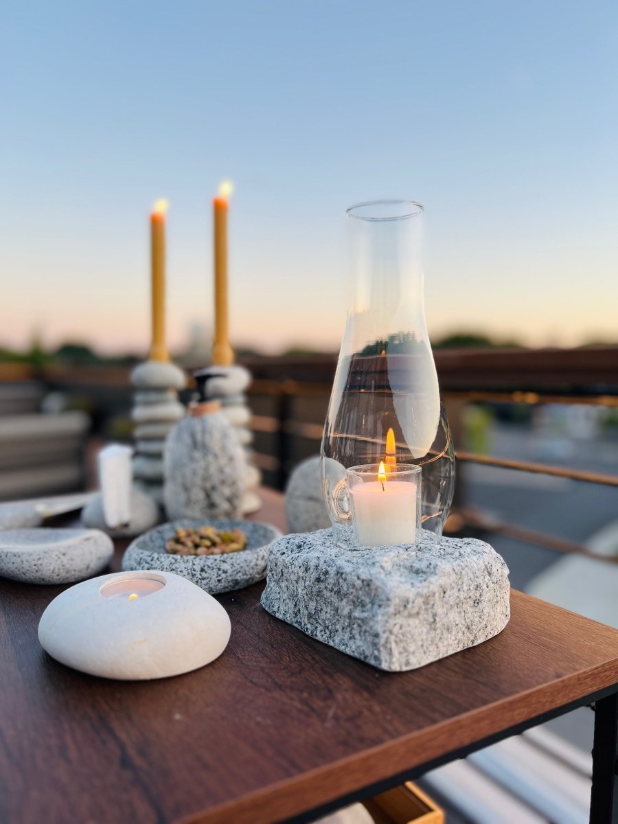 Funky Rock Designs Hurricane Candle Lamp | Natural Stone Base & Glass Shade