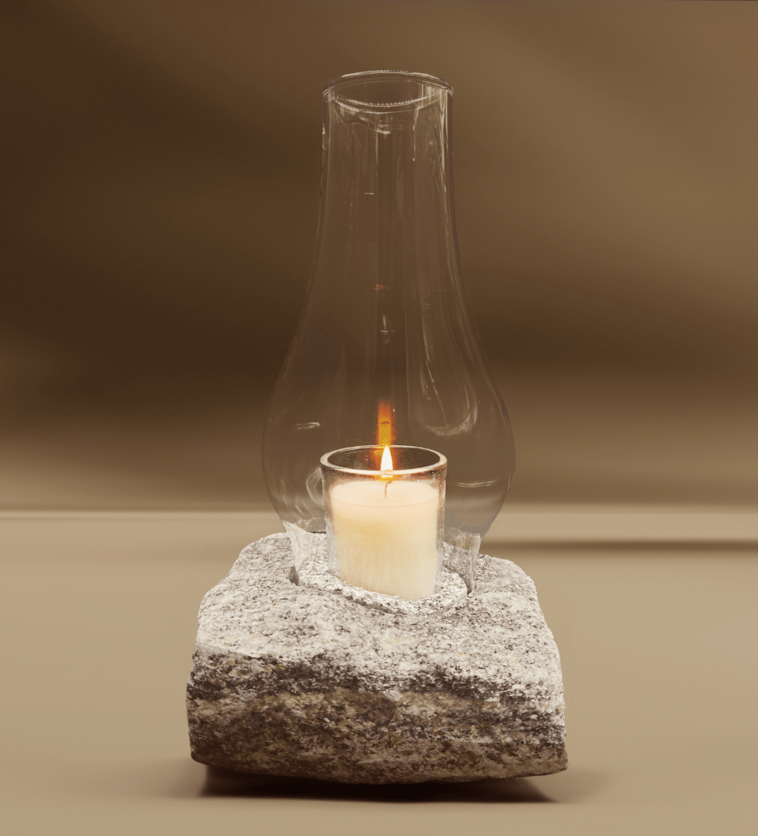 Funky Rock Designs Hurricane Candle Lamp | Natural Stone Base & Glass Shade