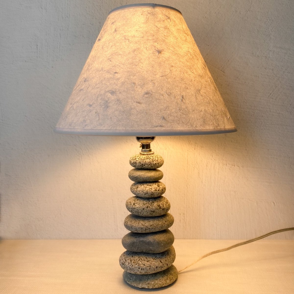 Funky Rock Designs Mini Coastal Cairn Lamp - Stacked Stone with Linen Shade 15"