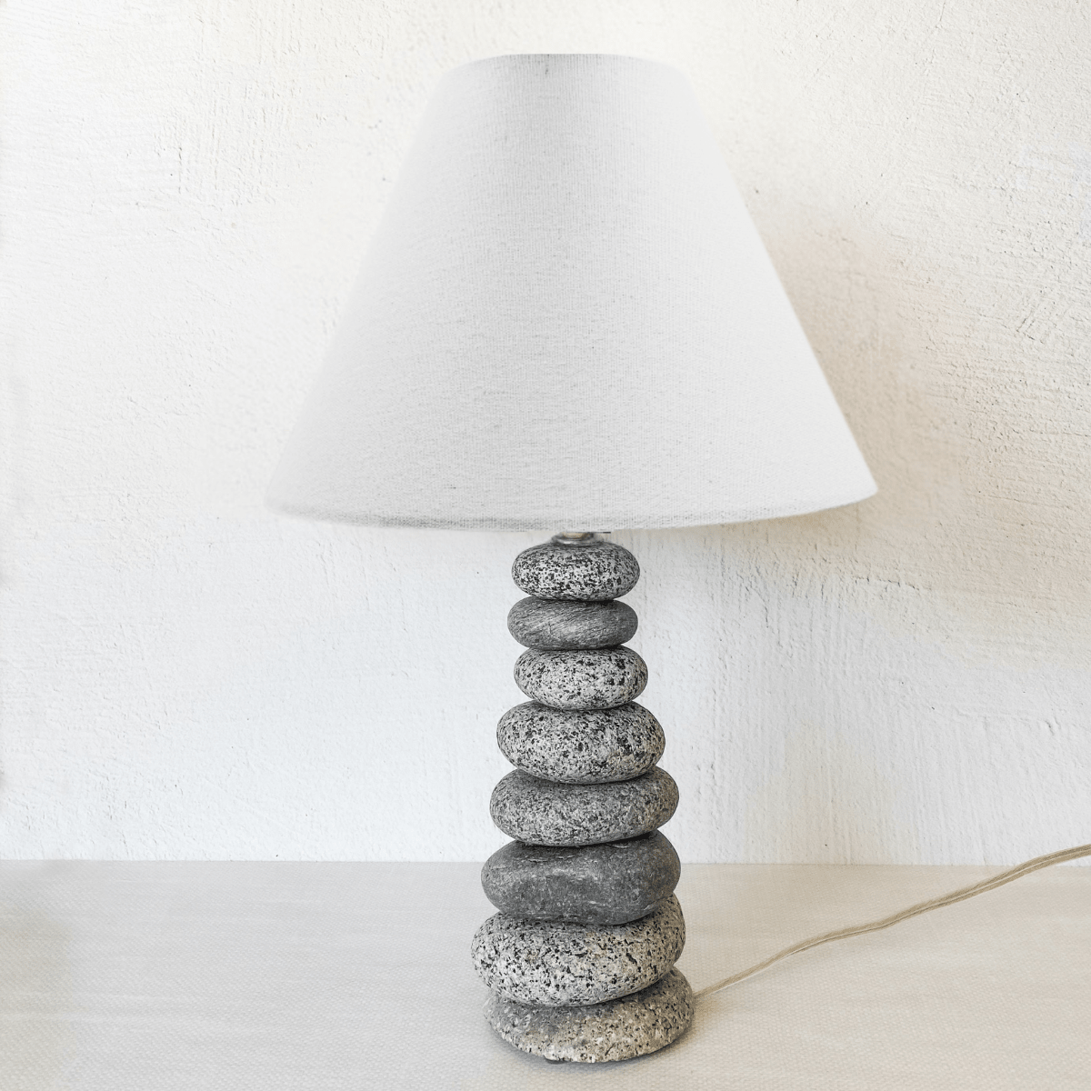 Funky Rock Designs Mini Coastal Cairn Lamp - Stacked Stone with Linen Shade 15"