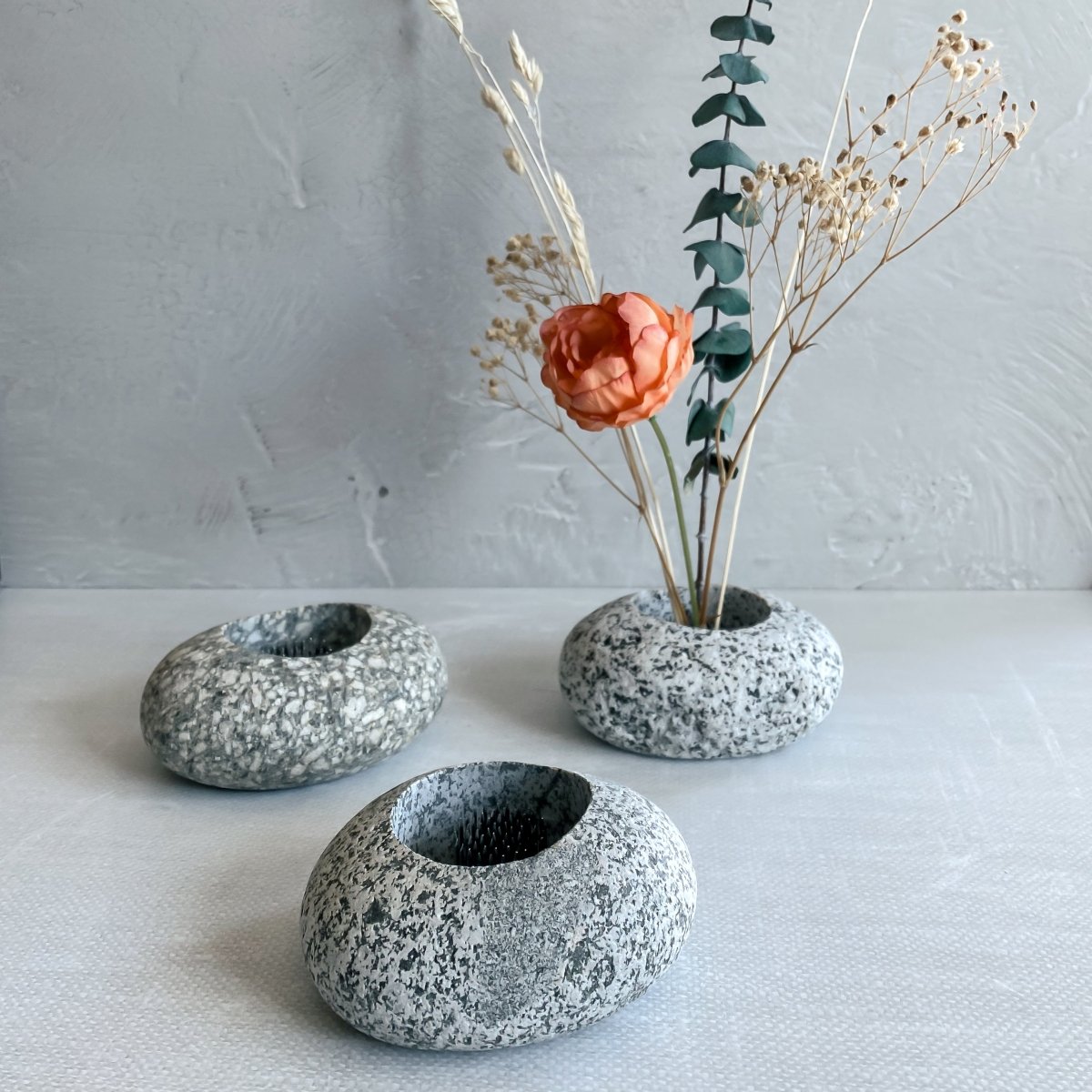 Funky Rock Designs Stone Ikebana Vase | Hand - Carved Natural Stone with Stainless Pin Frog