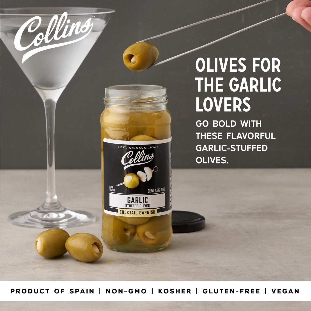 Collins Garlic Queen Olives, 5 oz - lily & onyx