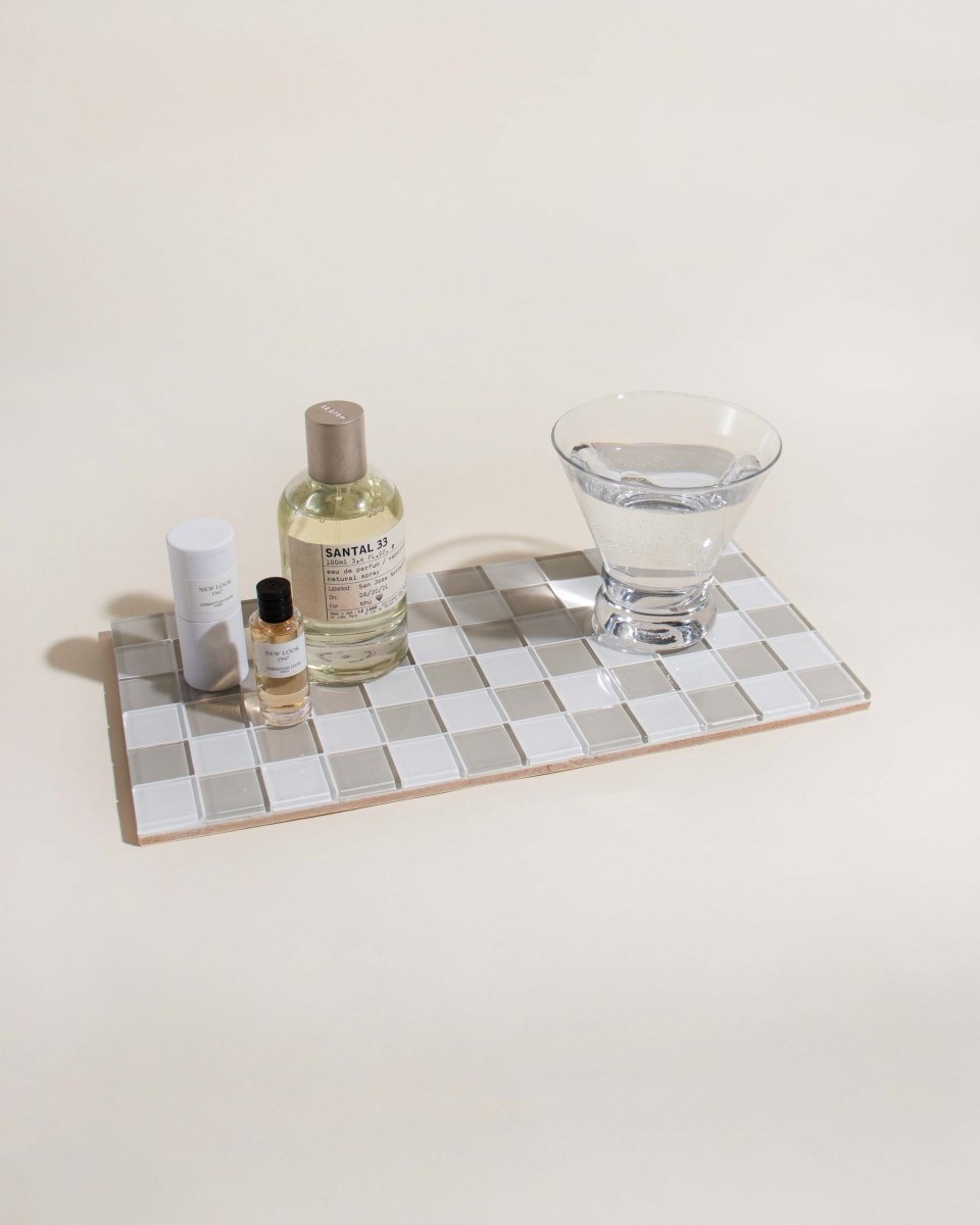 Subtle Art Studios Glass Tile Decorative Tray - Beige & White Checkered
