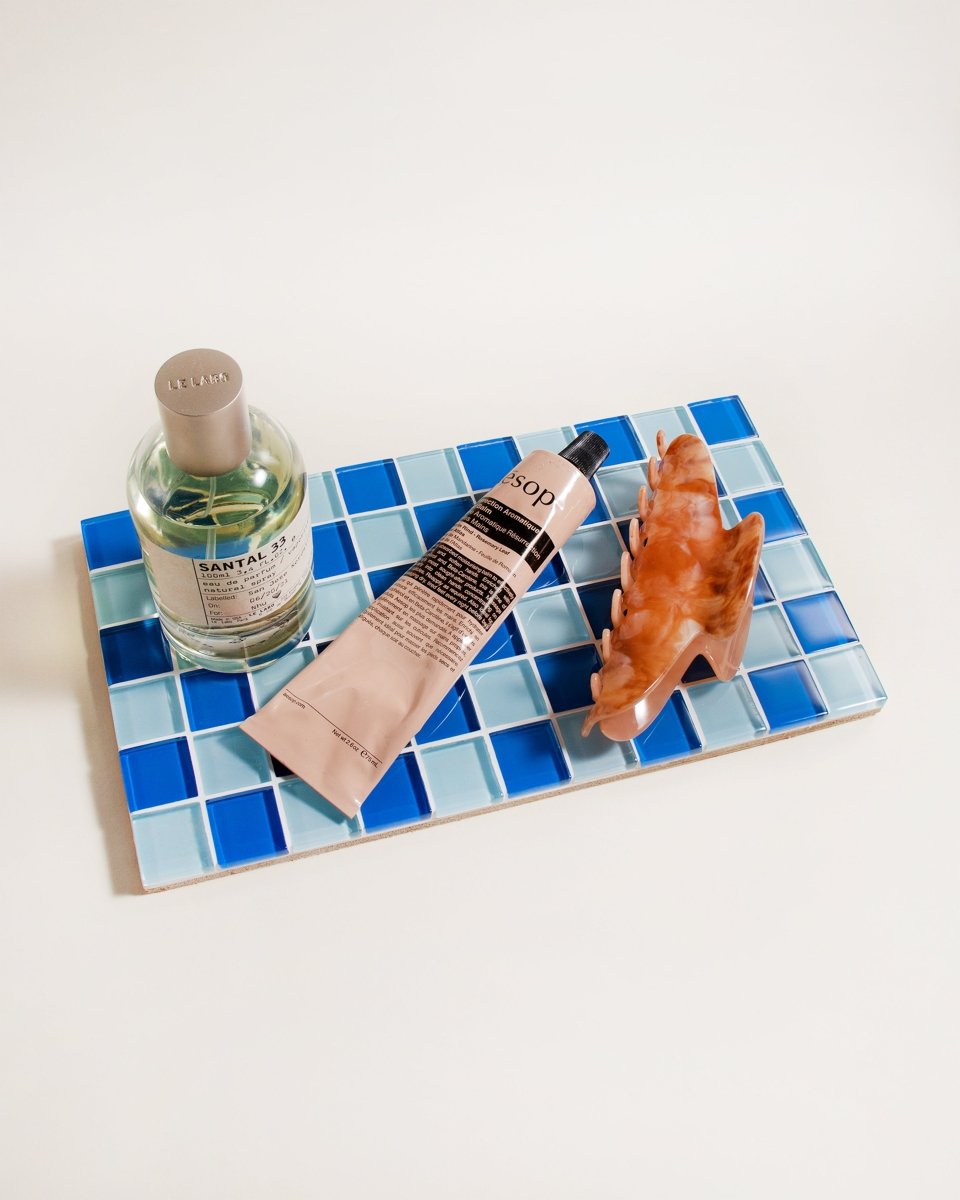 Subtle Art Studios Glass Tile Decorative Tray - Blue Sky Checkered