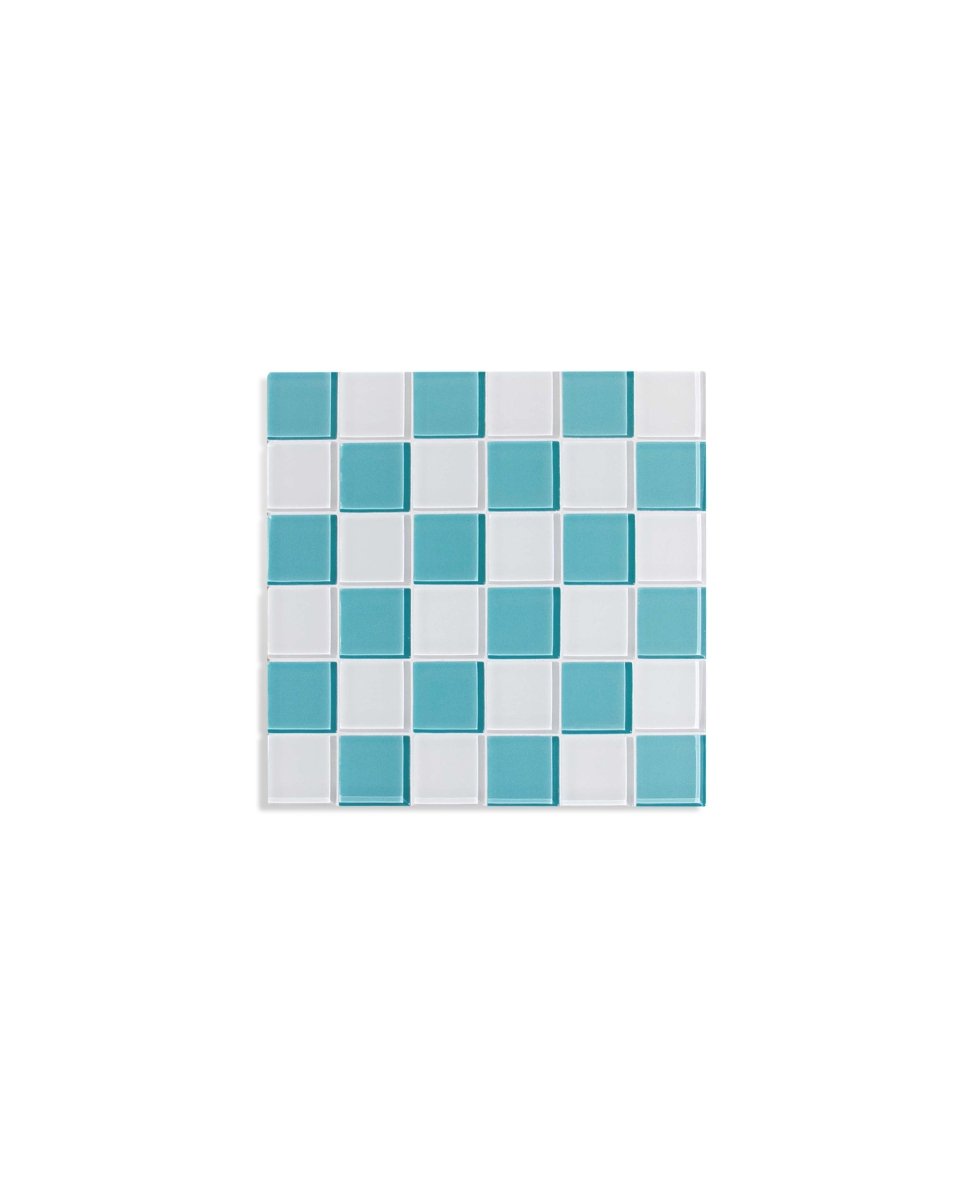 Subtle Art Studios Glass Tile Decorative Tray - Teal & White Checkered