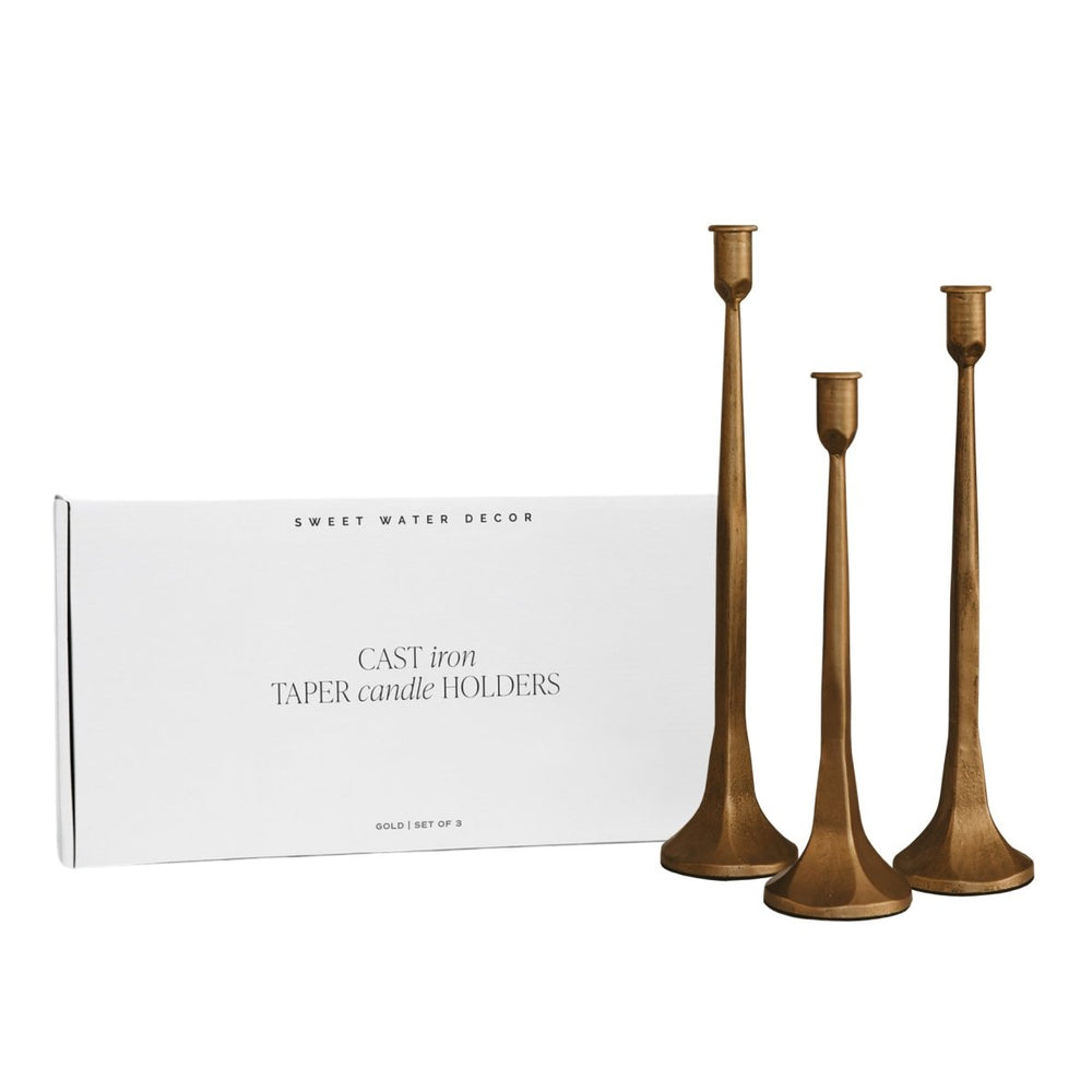 
                      
                        Sweet Water Decor Gold Cast Iron Taper Candle Holders, Set of 3 - lily & onyx
                      
                    