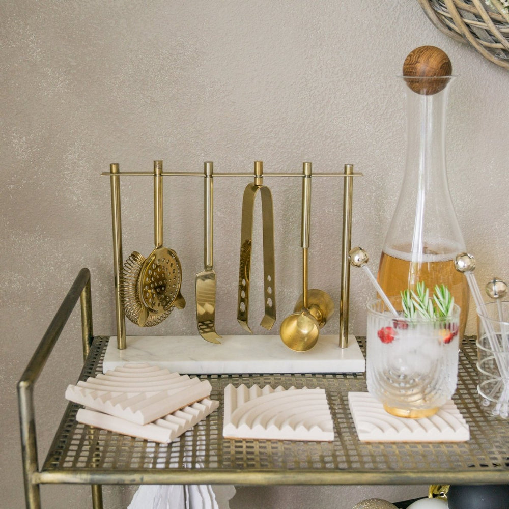 
                      
                        4-Piece Bar Tool Set in Gold with Marble and Stainless Steel Stand
                      
                    