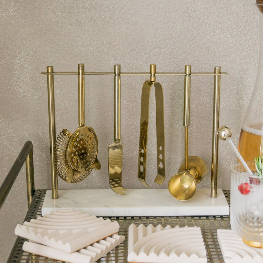 
                      
                        4-Piece Bar Tool Set in Gold with Marble and Stainless Steel Stand
                      
                    