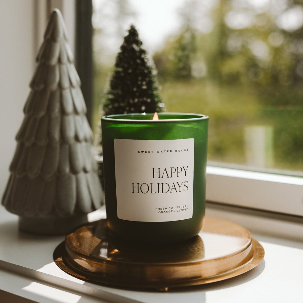 Sweet Water Decor Happy Holidays Soy Candle - Green Matte Jar - 15 oz (Christmas) - lily & onyx