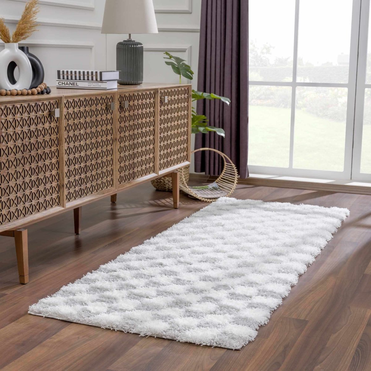 Hauteloom Atira Plush High Pile Checkered Rug - White Gray Polypropylene