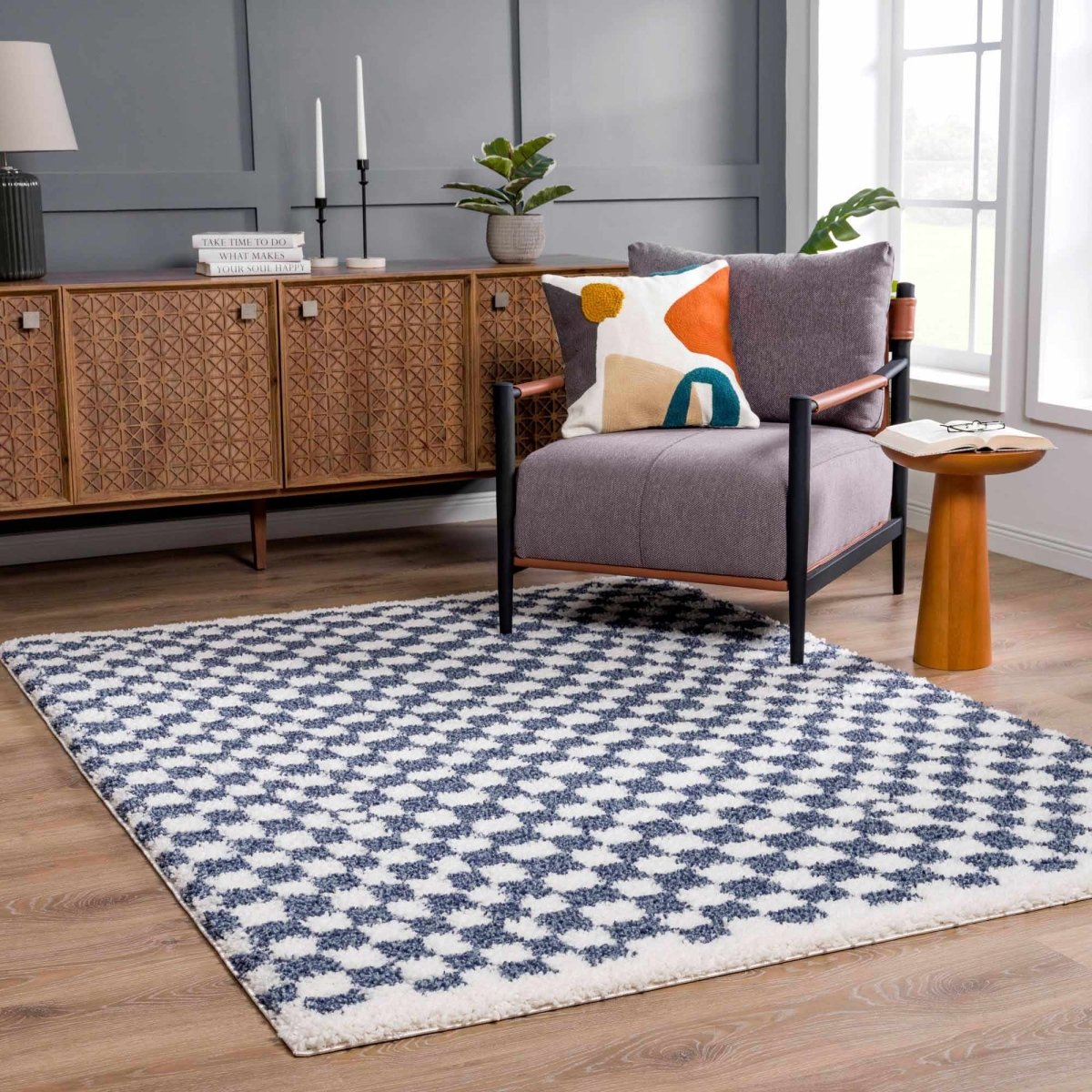 Hauteloom Blue White Checkered Area Rug - Plush Polyester 1.77" Pile