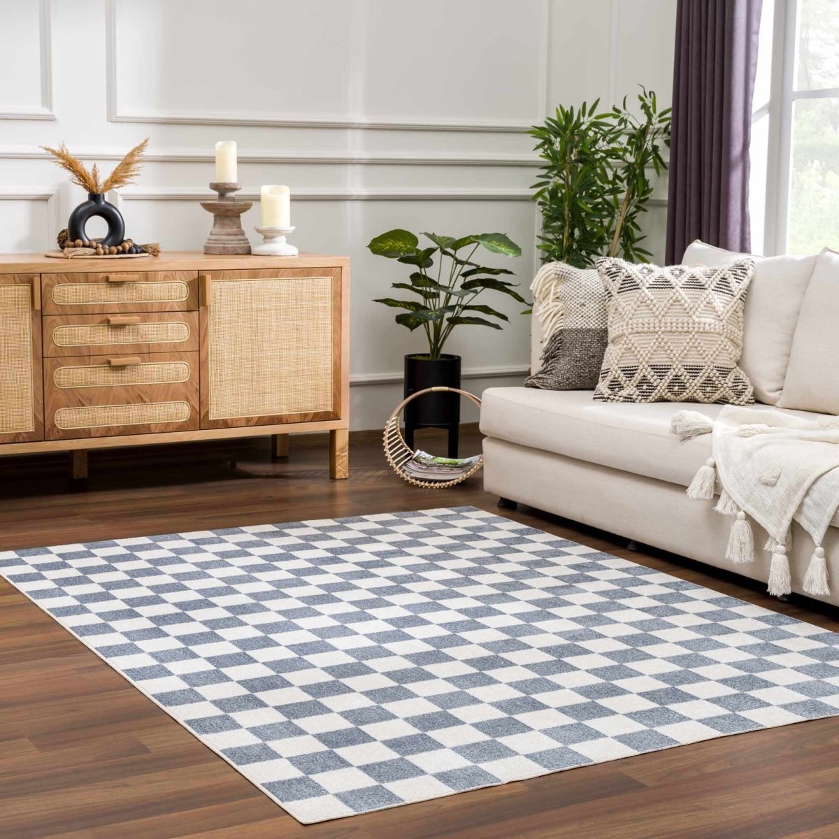 Hauteloom Brone Checkered Washable Area Rug - Blue & White Low Pile