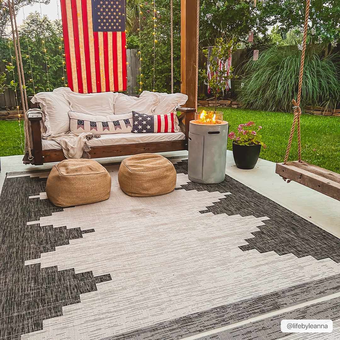 Hauteloom Djugun Outdoor Rug - Black & Off - White Aztec Polypropylene