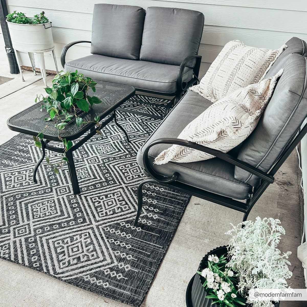 Hauteloom Frankville Black & White Outdoor Rug - Polypropylene Bohemian Patio