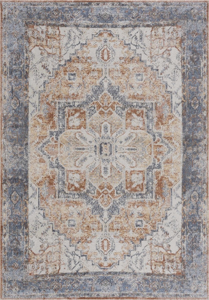 Hauteloom Hera Machine Washable Blue Orange Area Rug - Low Pile Polyester
