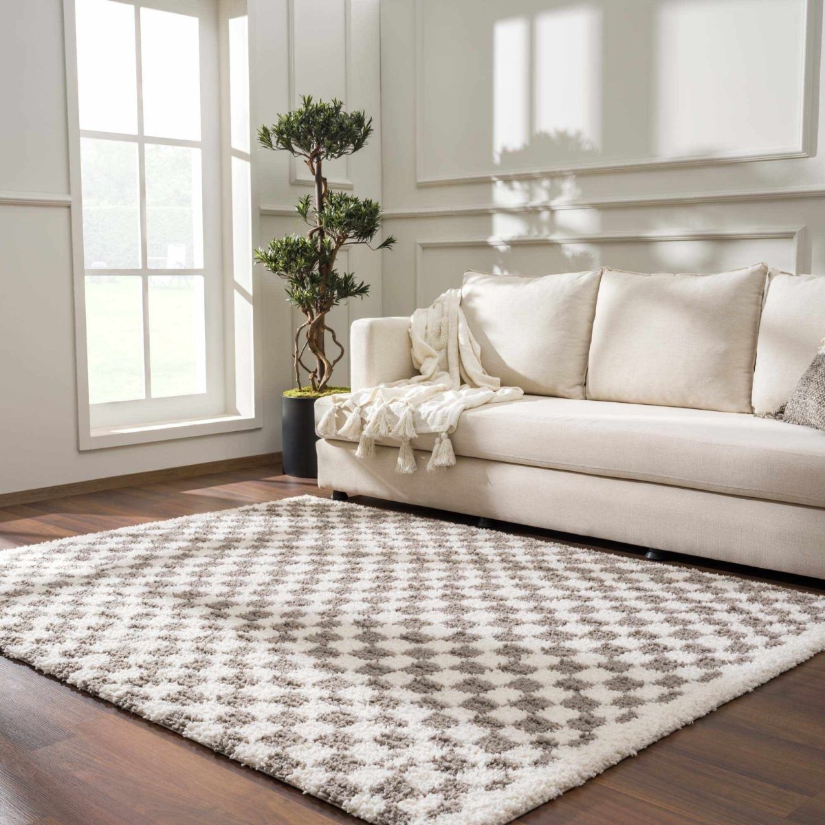 Hauteloom Kieu Taupe Checkered Area Rug - Plush Polyester 1.77" Pile