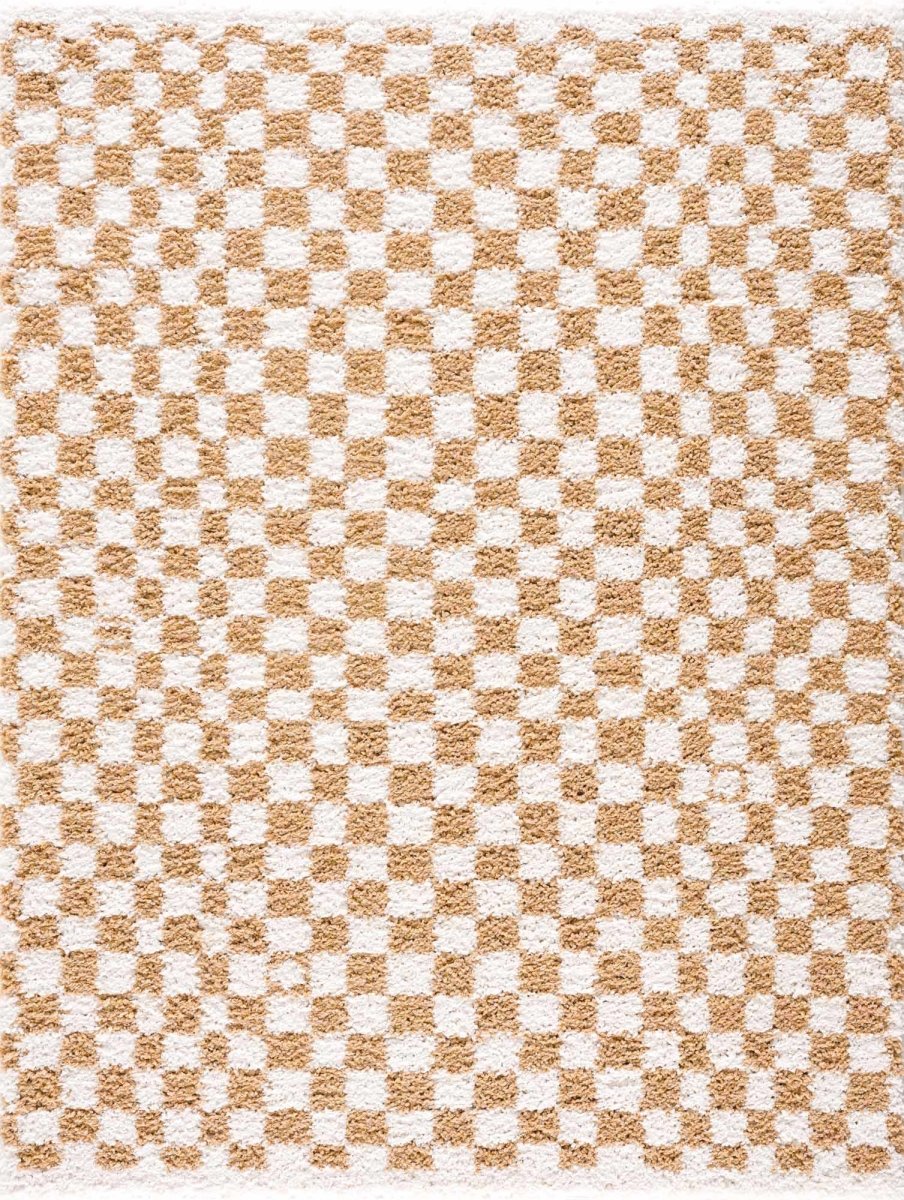 Hauteloom Kieu Yellow & White Checkered Plush Area Rug - 1.77" Pile