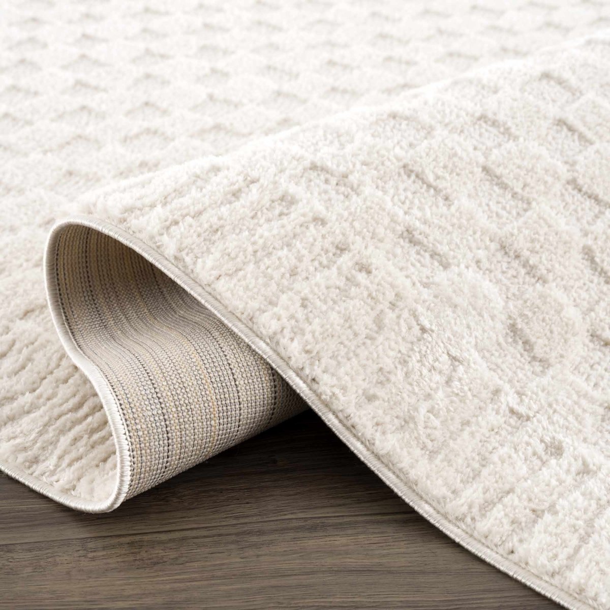 Hauteloom Leryn Ivory Checkered Area Rug - High Pile Polyester - Rose Cream