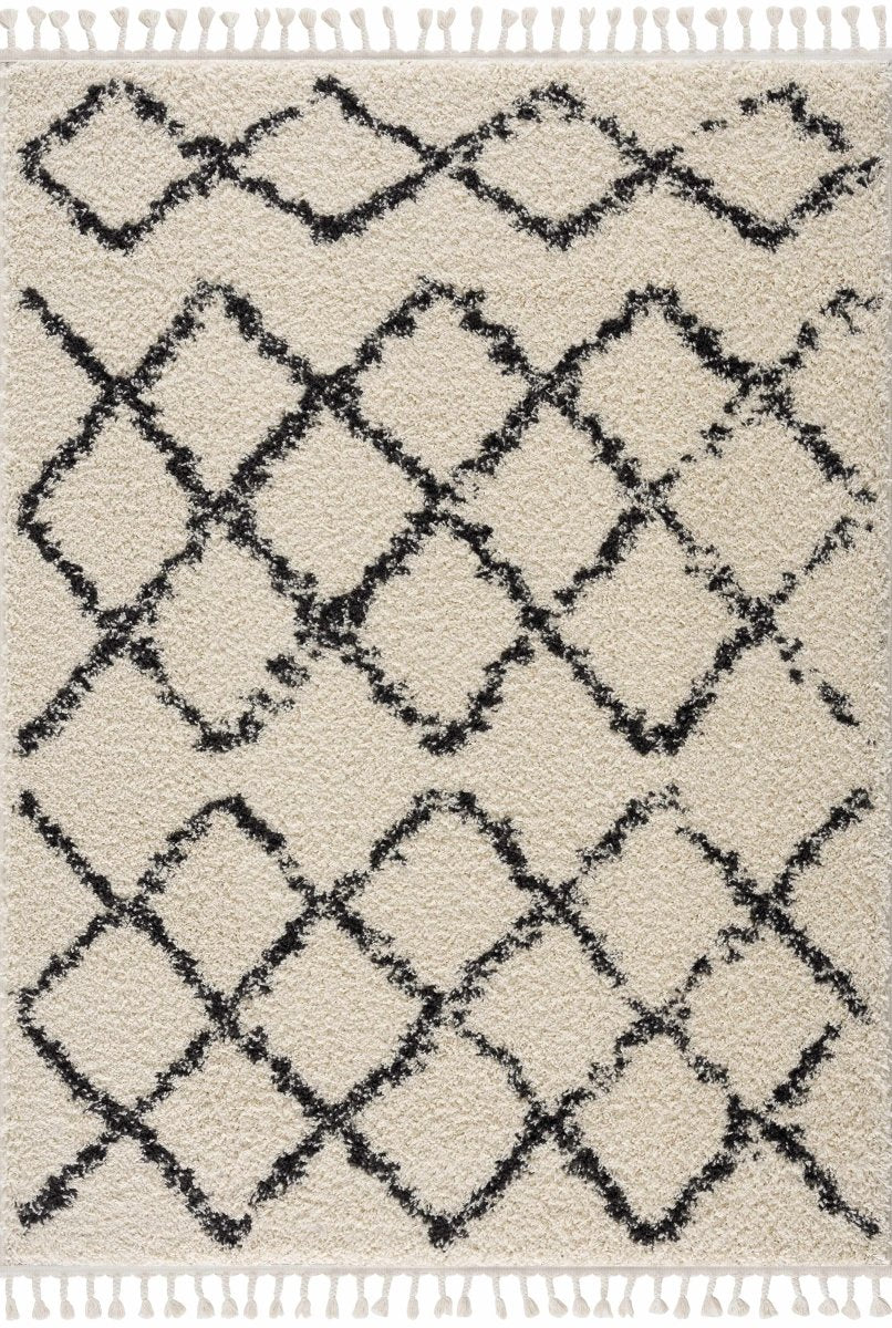 Hauteloom Wallagrass Beige & Black Trellis Tassel Shag Rug - Machine Woven