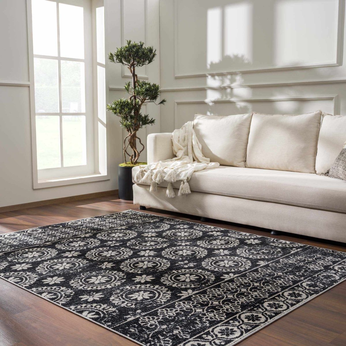 Hauteloom Washable Area Rug - Black Gray Floral Polyester - Machine Washable