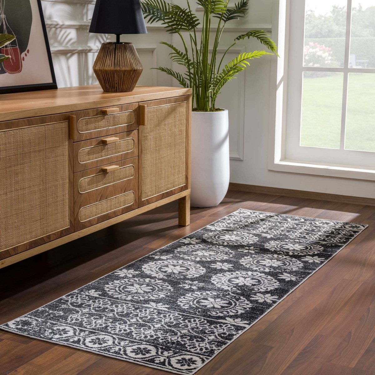 Hauteloom Washable Area Rug - Black Gray Floral Polyester - Machine Washable