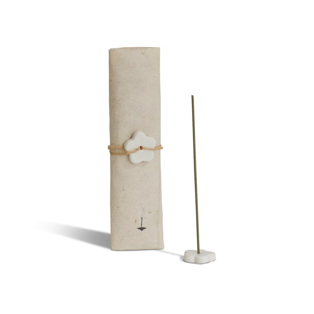 CEDAR AND MYRRH Hinoki Japanese Incense Stick Set with Ceramic Flower Holder – 30 Sticks