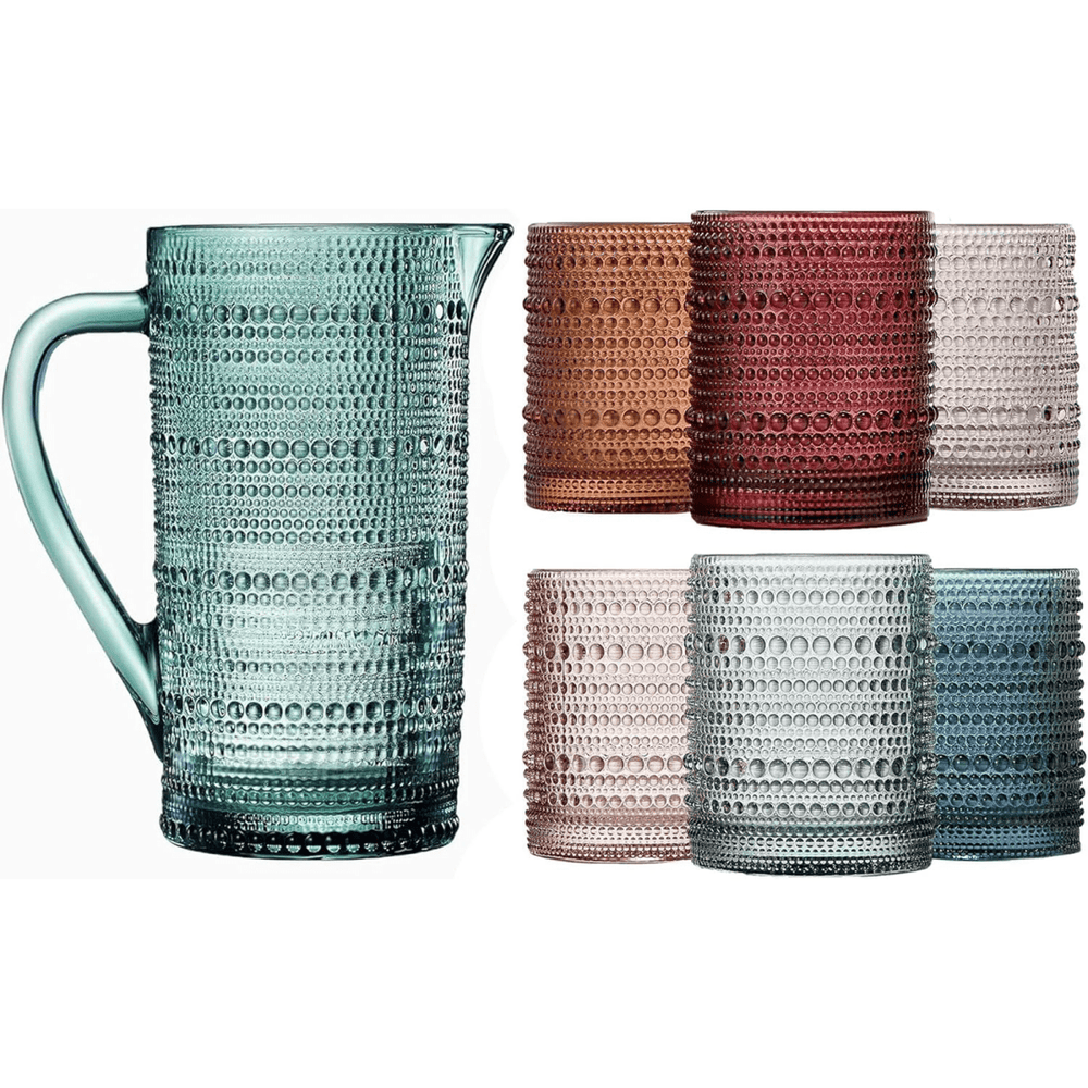 
                      
                        The Wine Savant Hobnail Beaded Pitcher & Tumbler Glasses Set | Set of 6 Glasses & Carafe - lily & onyx
                      
                    