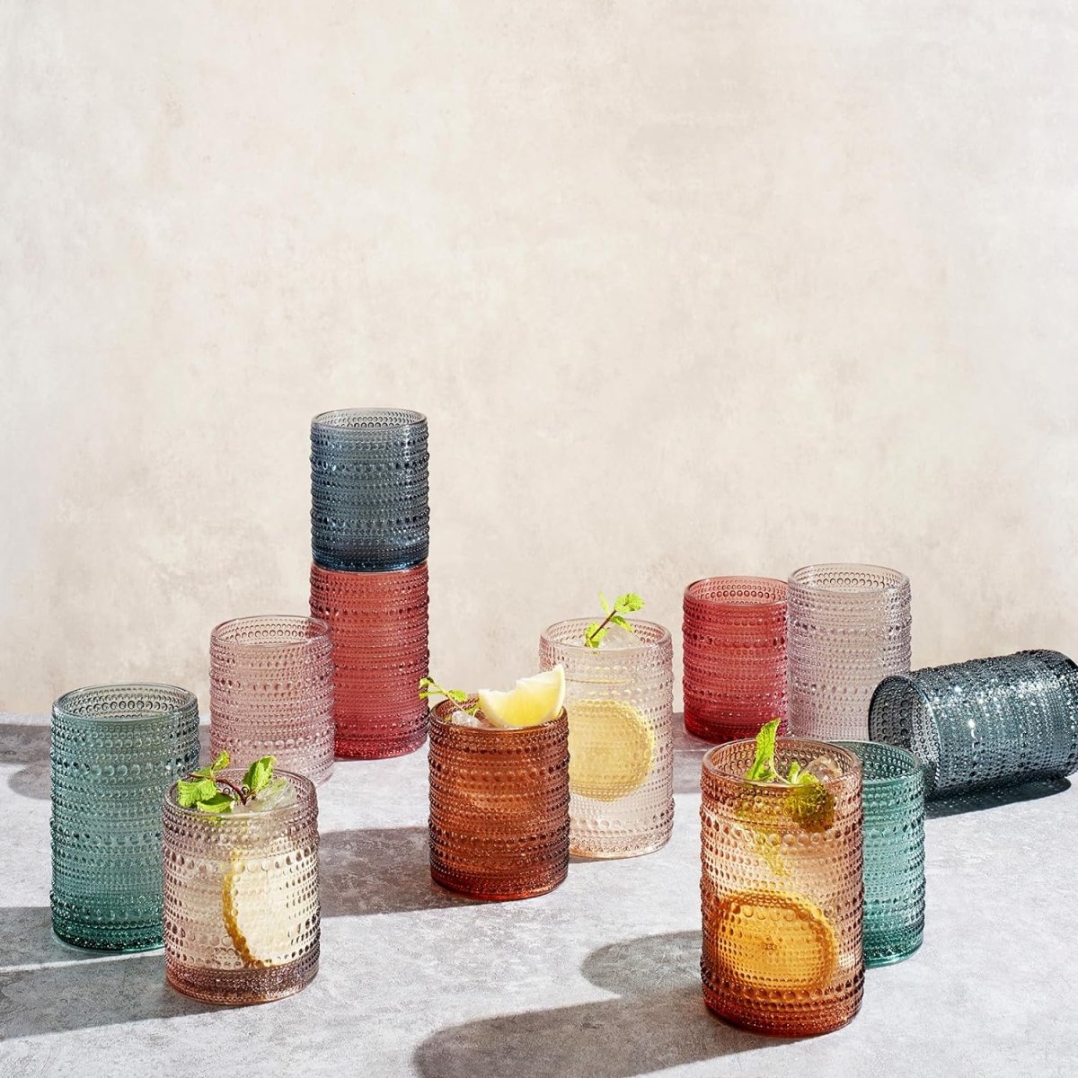 The Wine Savant Hobnail Muted Colored Drinking Glasses, Set of 12 - lily & onyx