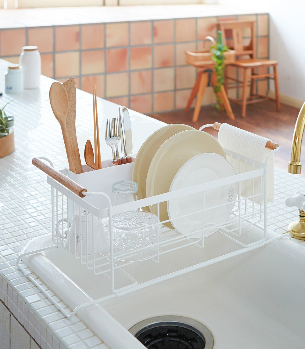 Over-the-Sink Steel Expandable Dish Rack with Wood Handles
