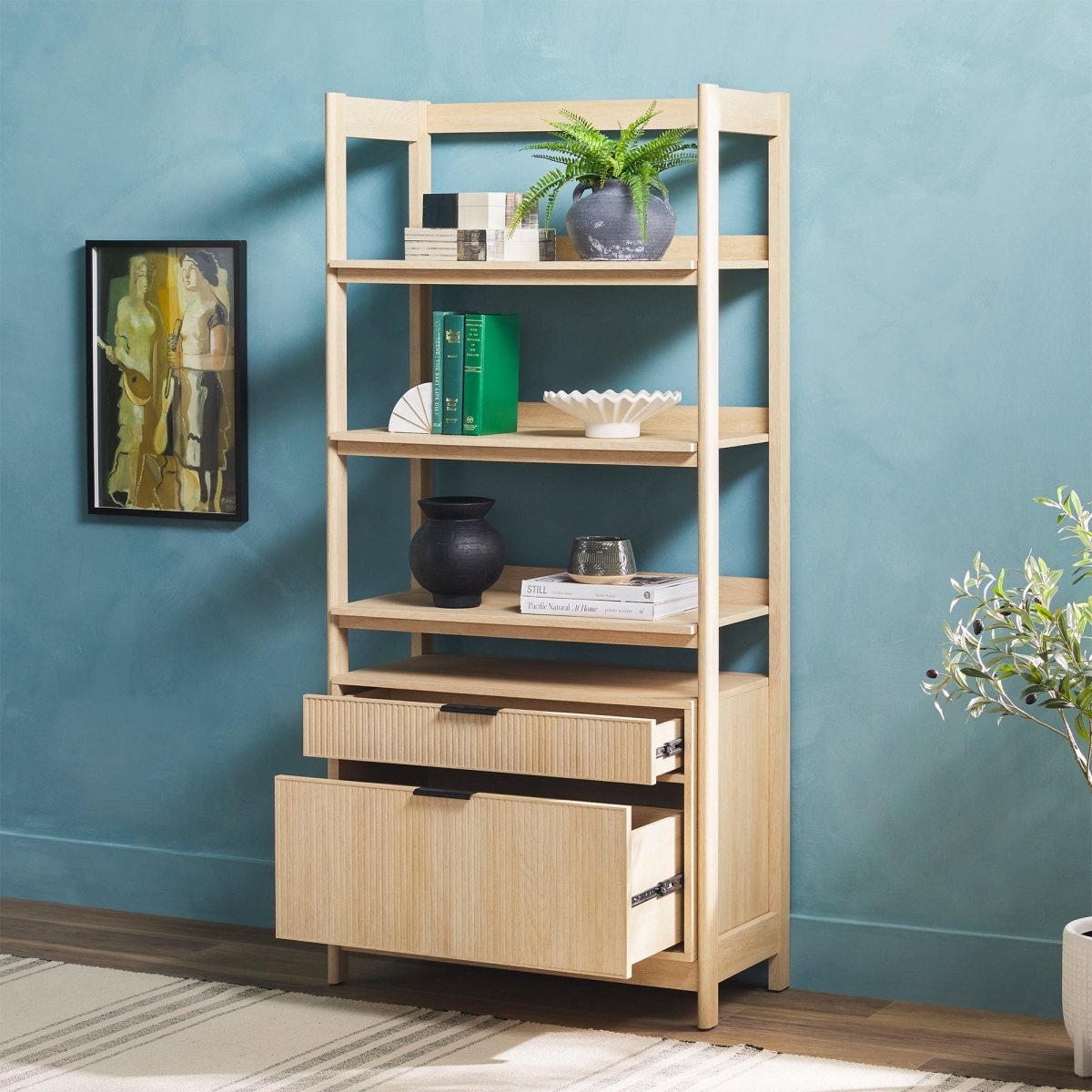 Walker Edison Holmes Modern Scandinavian Reeded Wide Bookshelf - lily & onyx