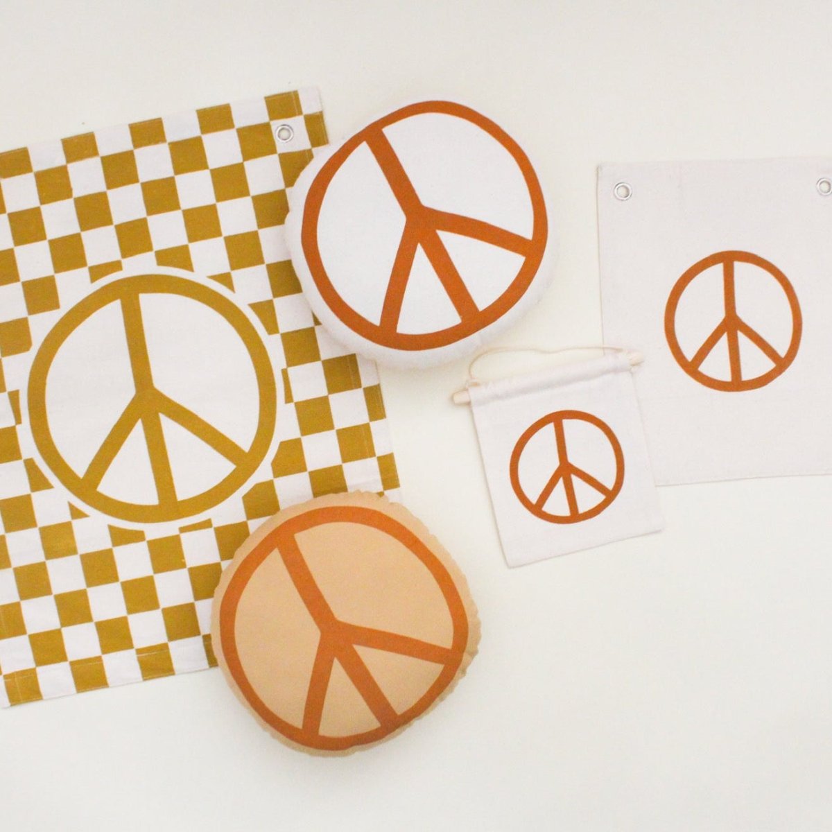 Imani Collective Handmade Peace Sign Canvas Banner - Gold Checkered 20x16 Wall Flag