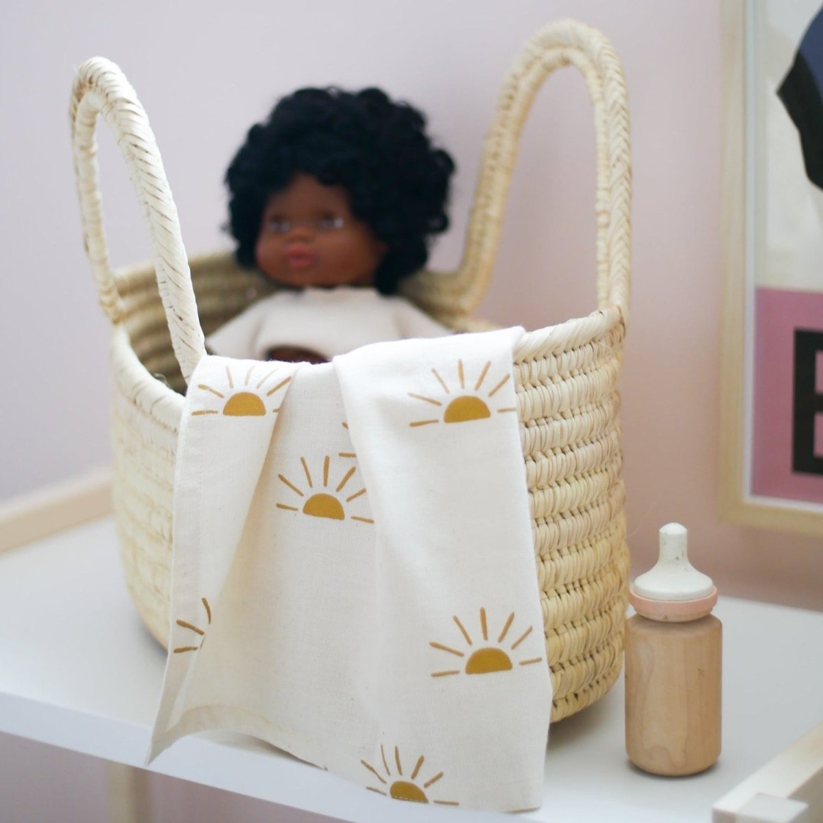 Imani Collective Handwoven Natural Reed Doll Bassinet with Cotton Blanket - 16in