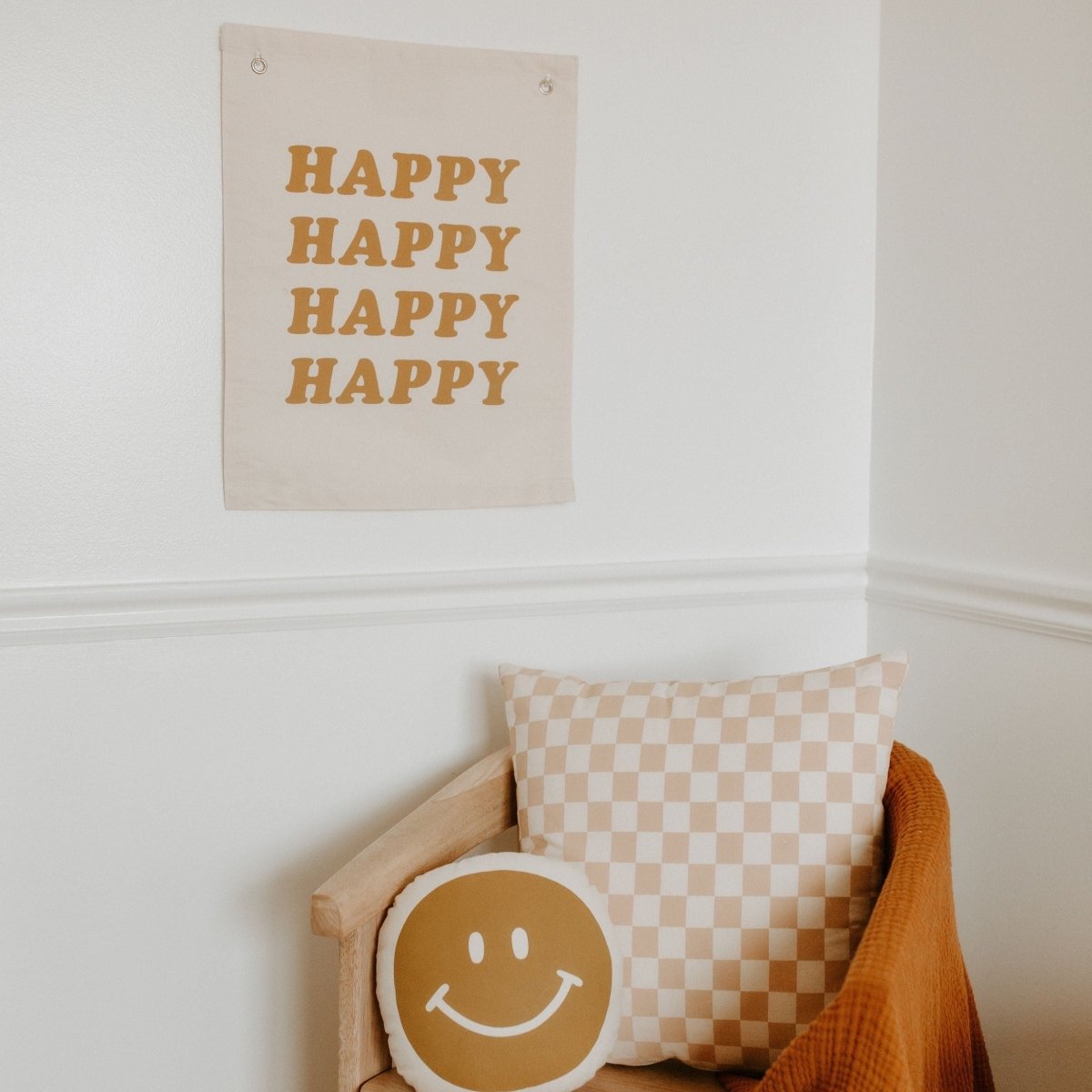 Imani Collective Happy Canvas Banner 16x20 - Handmade Gold Screen Print Wall Hanging