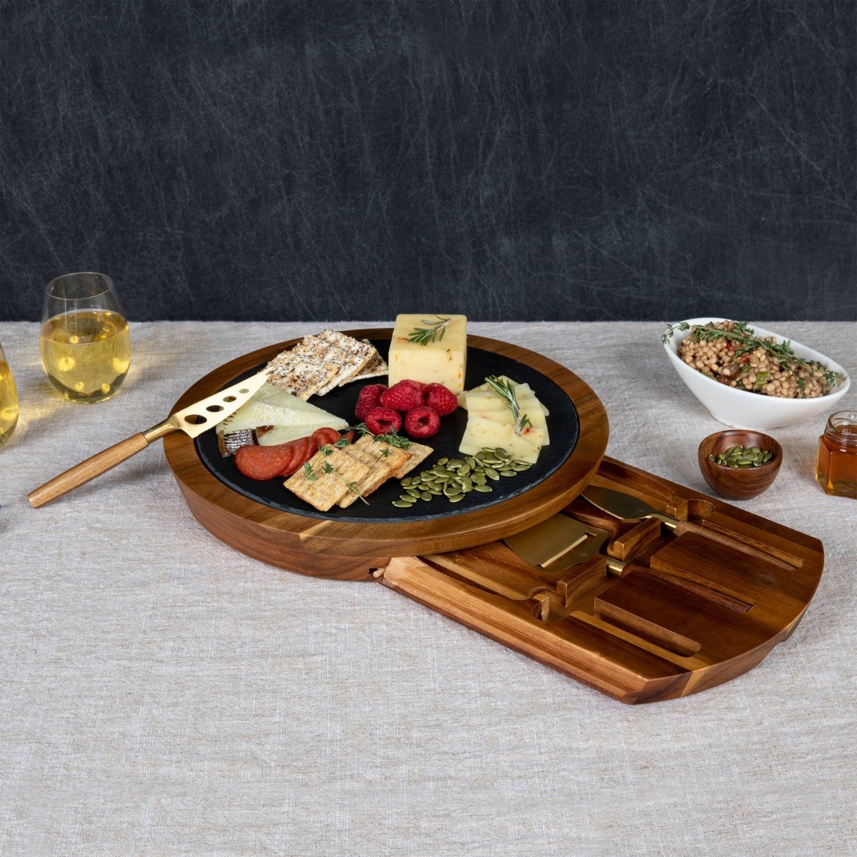 Picnic Time Family of Brands Insignia Acacia and Slate Serving Board with Cheese Tools - lily & onyx