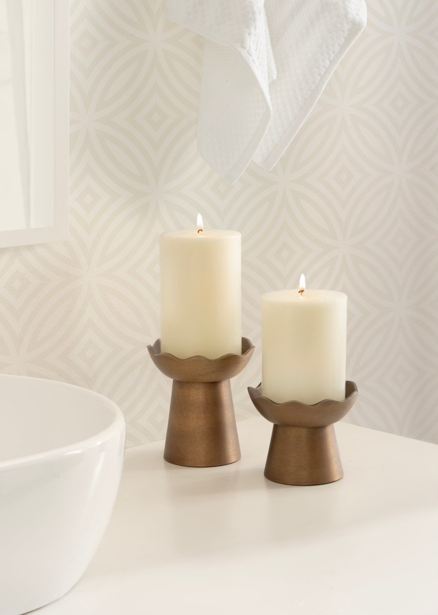 kateandlaurel Alessia Gold Metal Pillar Candle Holder Set – Set of 2