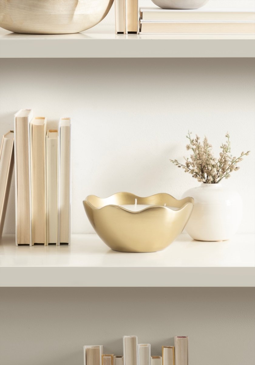 kateandlaurel Alessia Scalloped Edge Metal Candle Bowl | 3-Wick Unscented Soy & Paraffin Candle