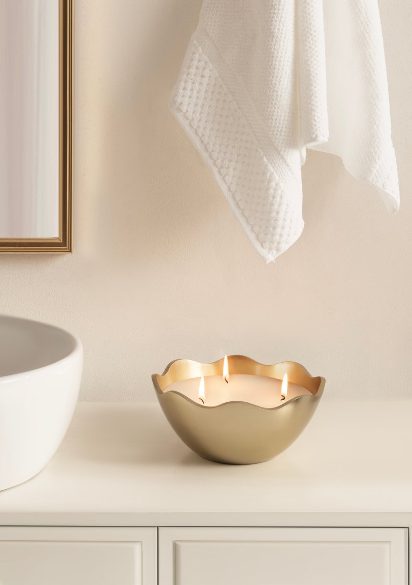 kateandlaurel Alessia Scalloped Edge Metal Candle Bowl | 3-Wick Unscented Soy & Paraffin Candle