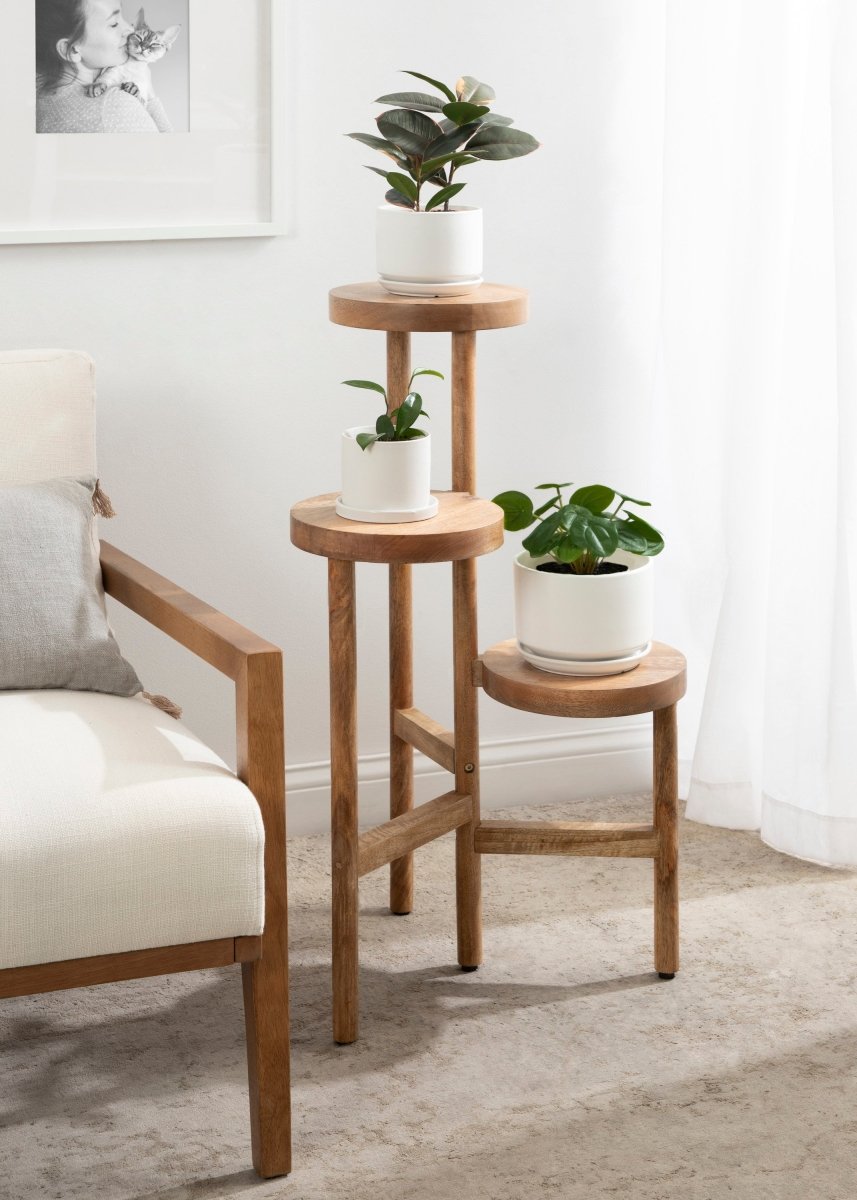 kateandlaurel Fitley 3-Tier Mango Wood Plant Stand | Handcrafted Indoor Plant Display