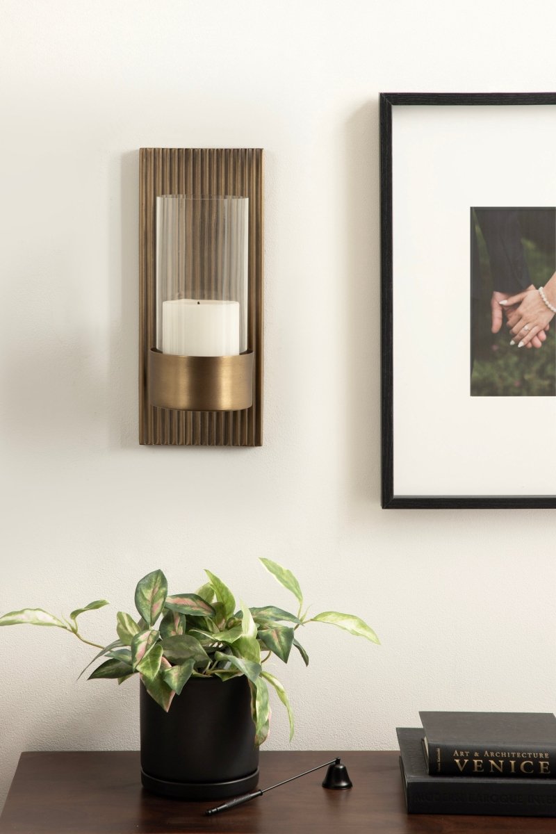 kateandlaurel Rooks Ribbed Metal Wall Sconce Candle Holder with Glass Cylinder