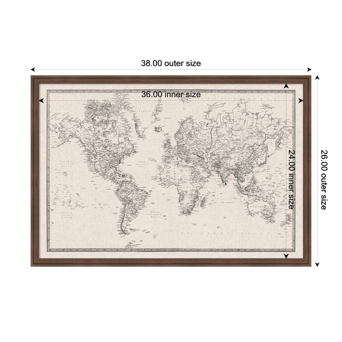 kateandlaurel Vintage World Map Fabric Pinboard | Framed Decorative Bulletin Board
