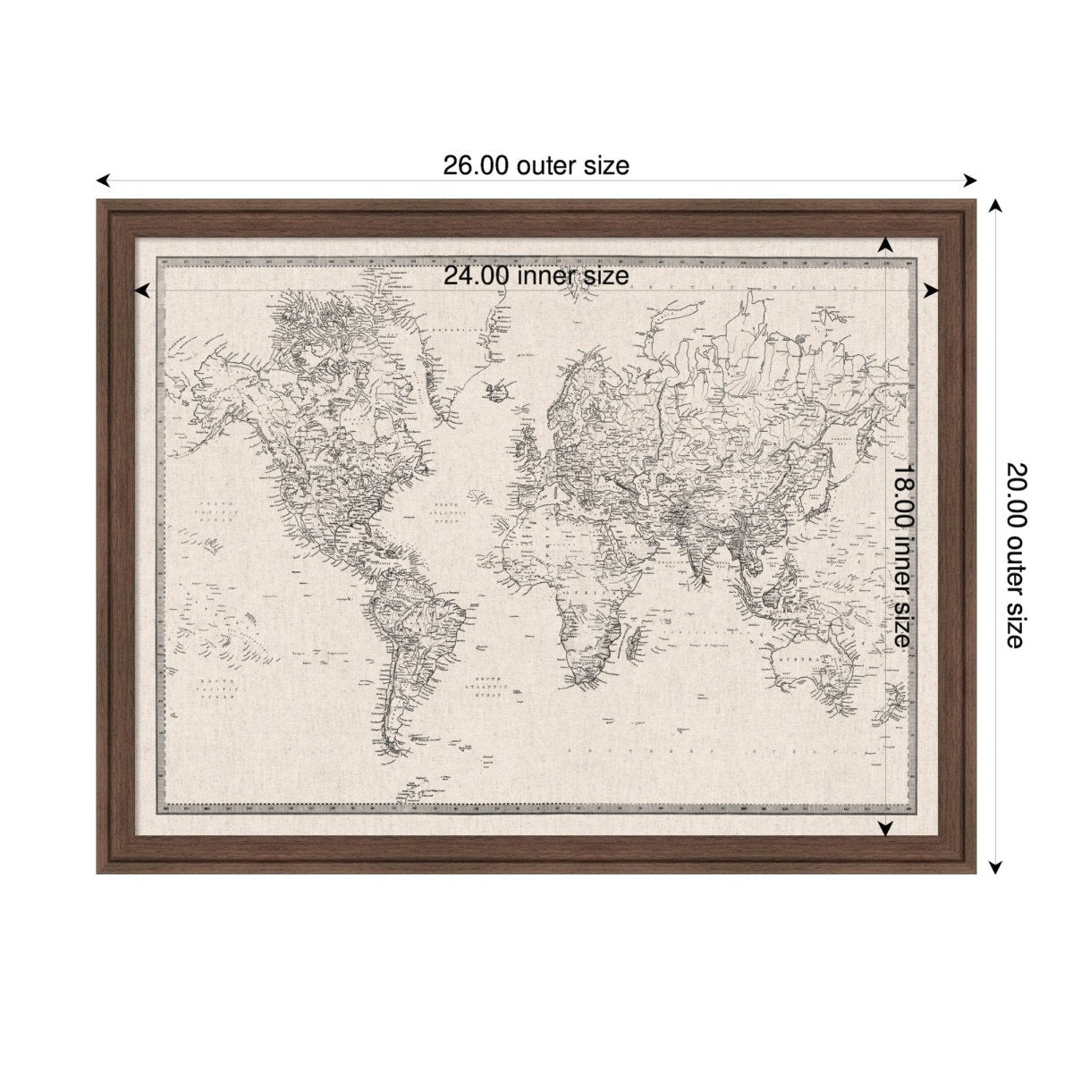 kateandlaurel Vintage World Map Fabric Pinboard | Framed Decorative Bulletin Board