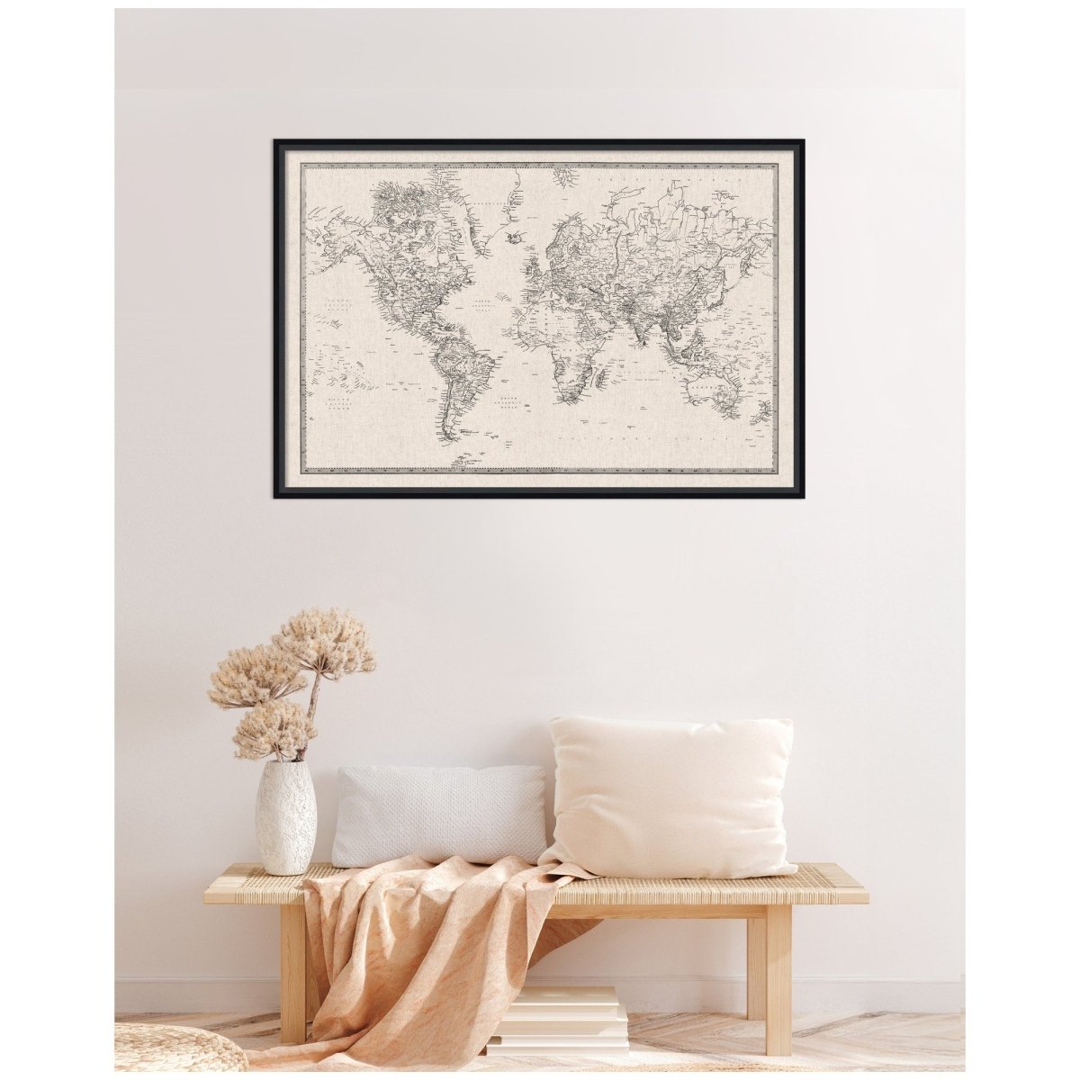 kateandlaurel Vintage World Map Fabric Pinboard | Framed Decorative Bulletin Board