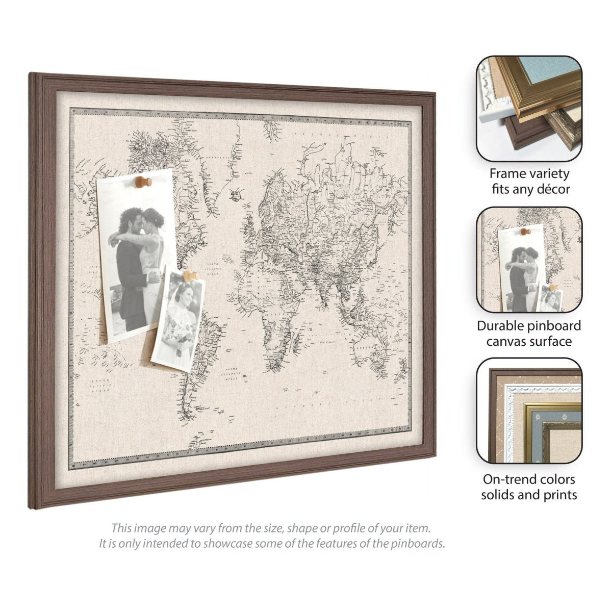 kateandlaurel Vintage World Map Fabric Pinboard | Framed Decorative Bulletin Board