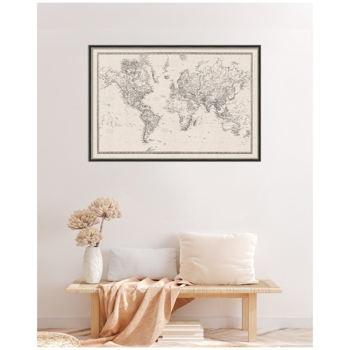 kateandlaurel Vintage World Map Fabric Pinboard | Framed Decorative Bulletin Board