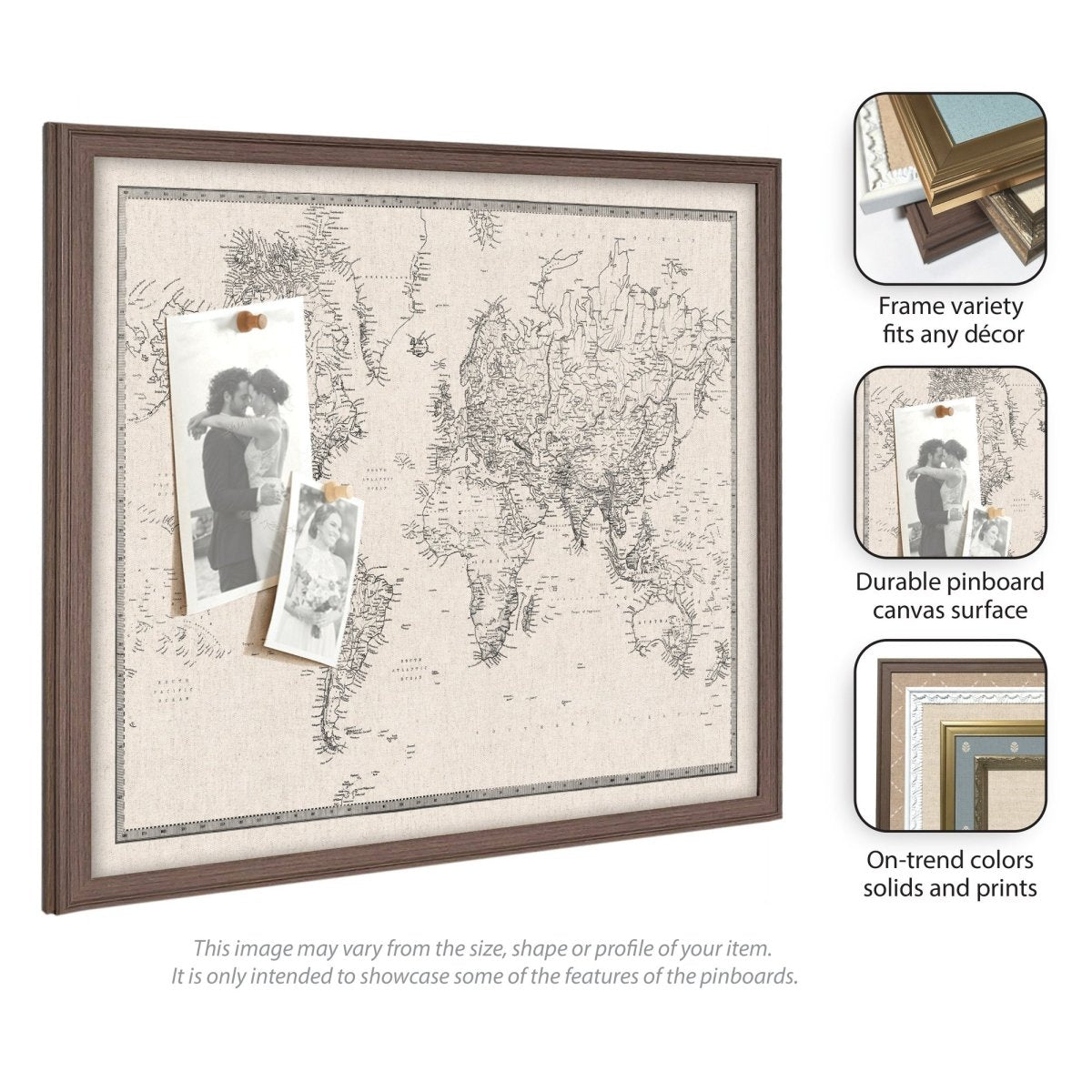 kateandlaurel Vintage World Map Fabric Pinboard | Framed Decorative Bulletin Board