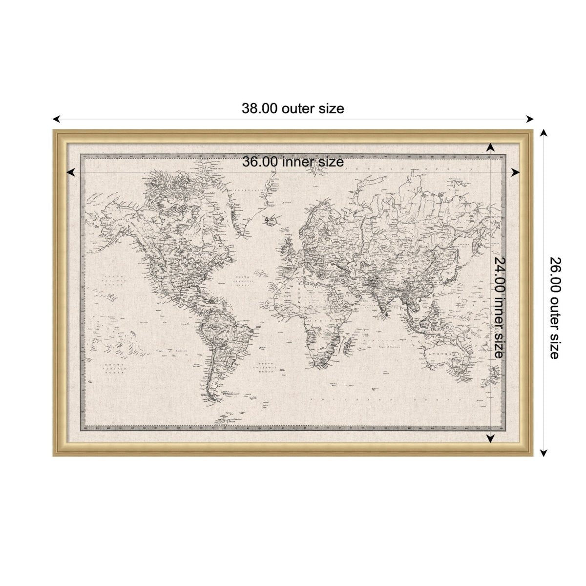 kateandlaurel Vintage World Map Fabric Pinboard | Framed Decorative Bulletin Board