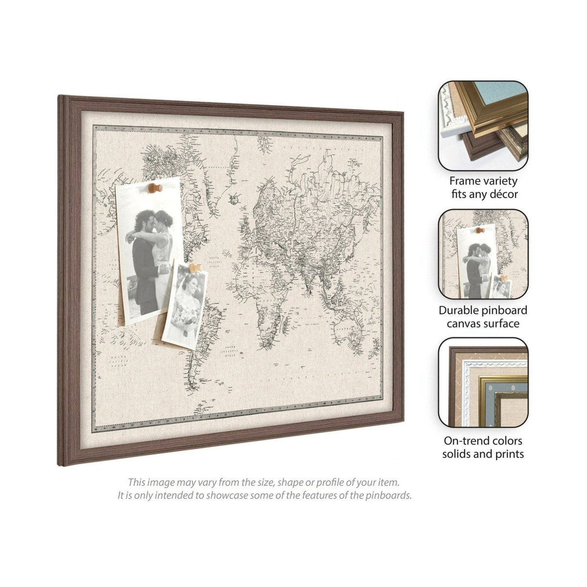 kateandlaurel Vintage World Map Fabric Pinboard | Framed Decorative Bulletin Board