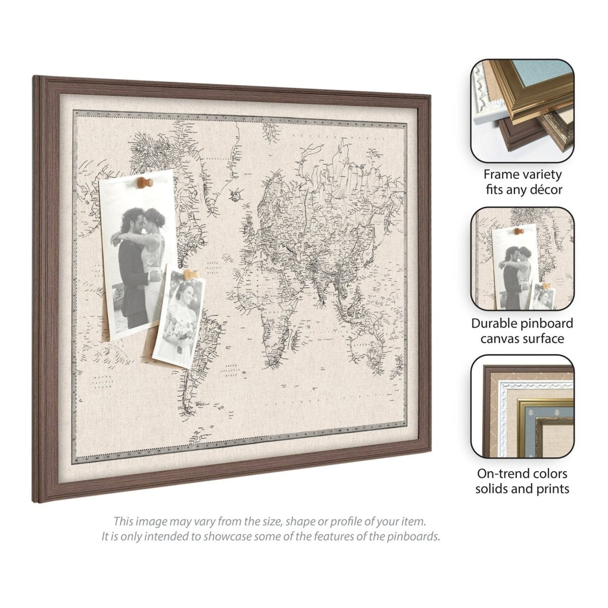 kateandlaurel Vintage World Map Fabric Pinboard | Framed Decorative Bulletin Board