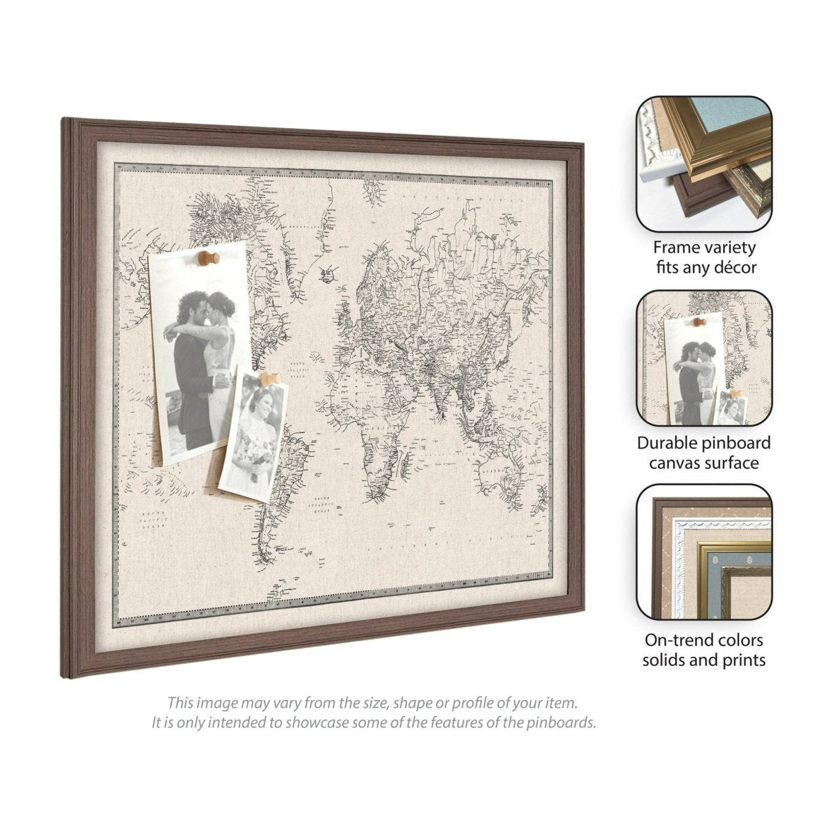 kateandlaurel Vintage World Map Fabric Pinboard | Framed Decorative Bulletin Board