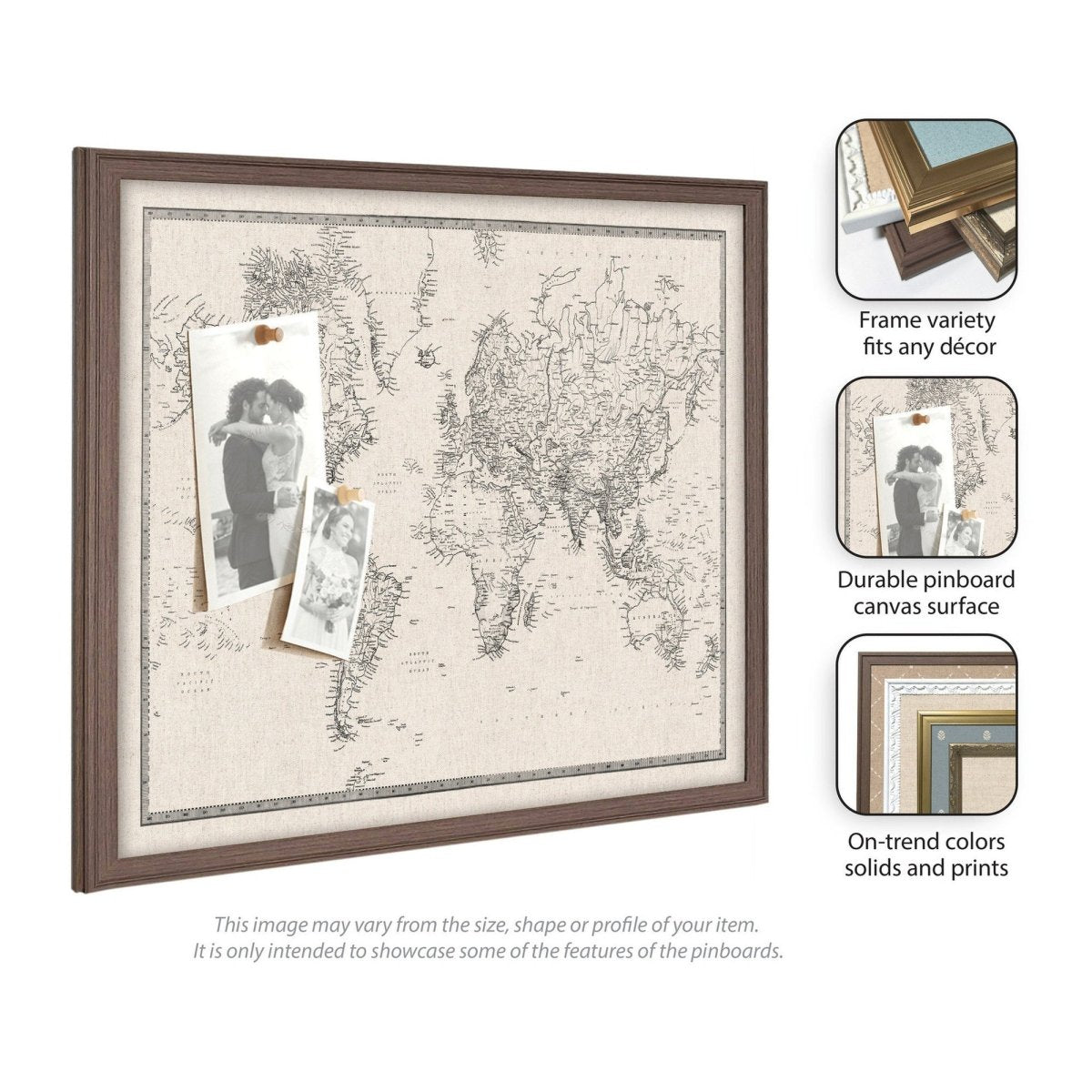 kateandlaurel Vintage World Map Fabric Pinboard | Framed Decorative Bulletin Board